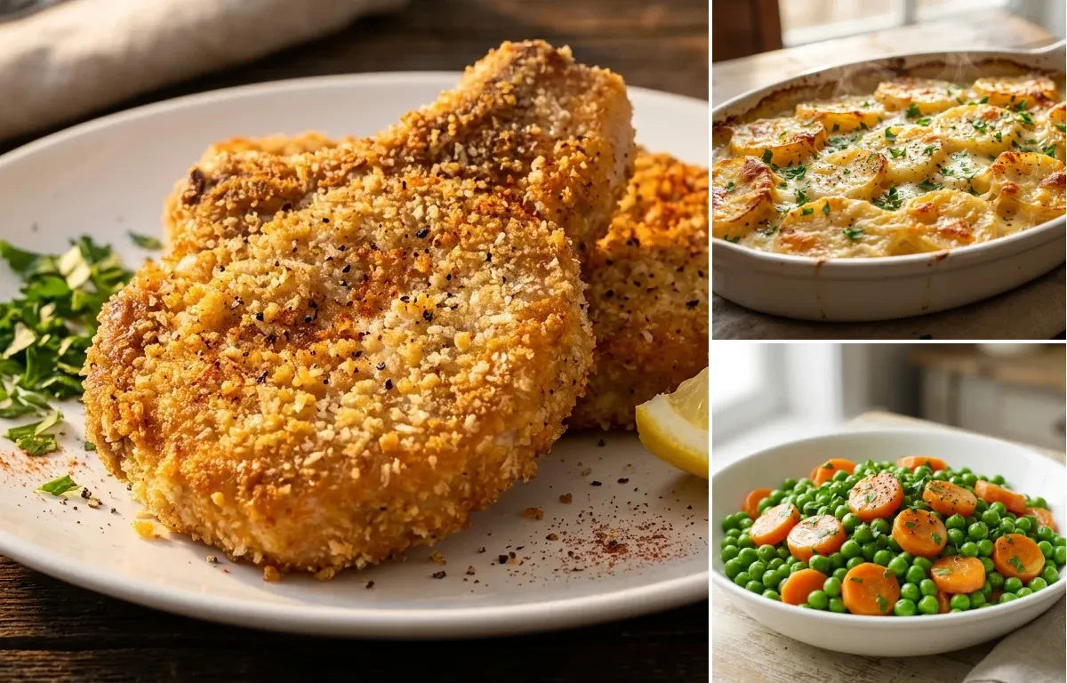 Pan-Fried Breaded Pork Chops with Scalloped Potatoes and Buttered Peas and Carrots