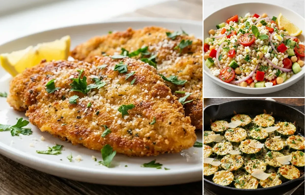 Pan-Fried Chicken Cutlets with Israeli Couscous Salad and Roasted Zucchini with Parmesan