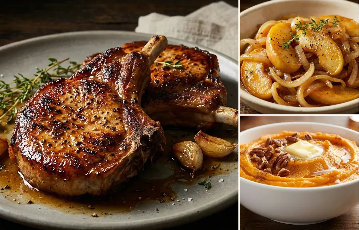 Pan-Fried Pork Chops with Sauteed Apples and Onions and Mashed Sweet Potatoes
