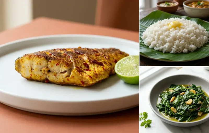 Pan-Fried Rohu with Steamed White Rice with Sautéed Greens