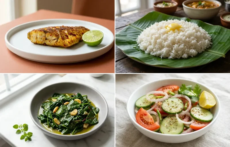 Pan-Fried Rohu with Steamed White Rice with Sautéed Greens with Green Salad