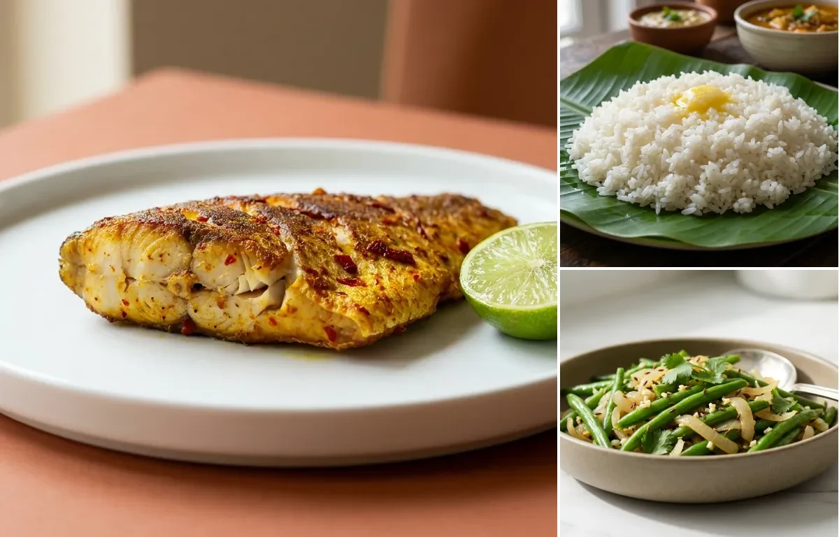 Pan-Fried Rohu with Steamed Rice with Sauteed Vegetables