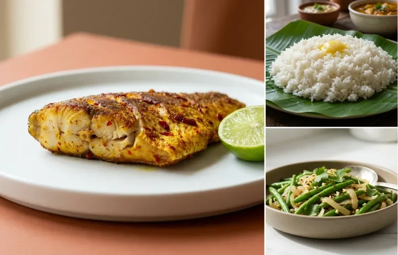 Pan-Fried Rohu with Steamed Rice with Sauteed Vegetables