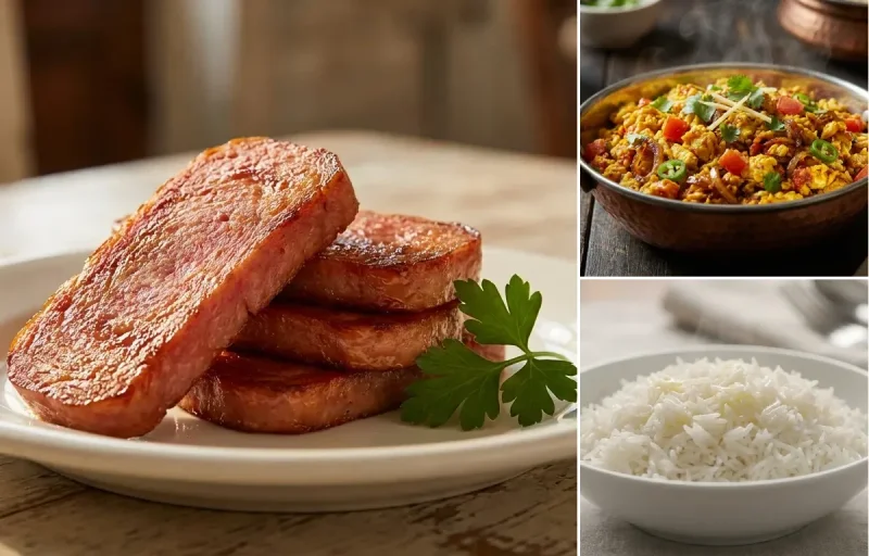 Pan-Fried Spam with Anda Bhurji and Steamed Basmati Rice