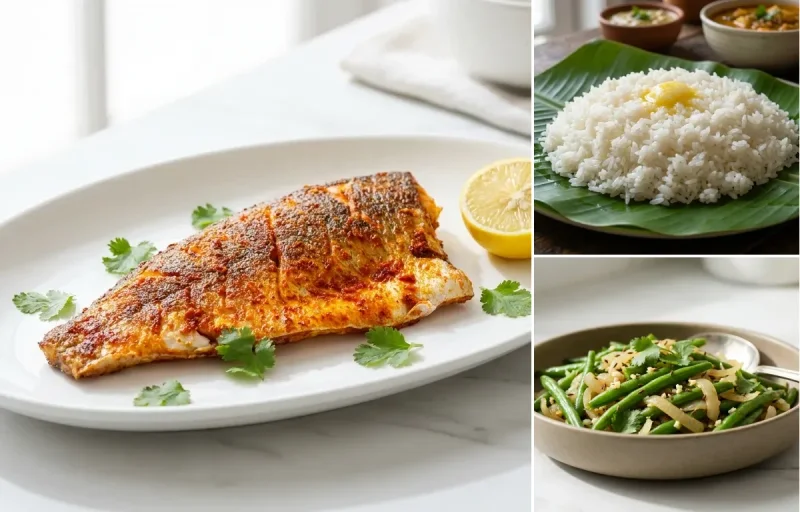 Pan-Fried Surmai with Steamed Rice with Sauteed Vegetables