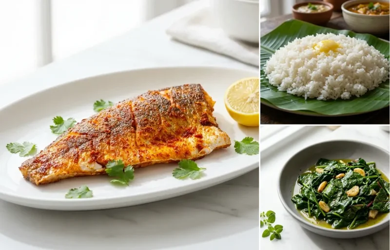 Pan-Fried Surmai with Steamed Rice with Sautéed Greens