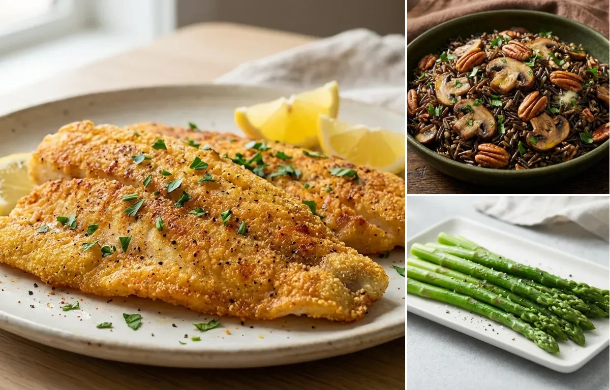 Pan-Fried Walleye with Wild Rice Pilaf with Mushrooms and Pecans and Steamed Asparagus