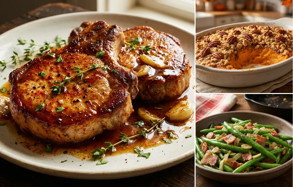 Pan-Seared Pork Chops with Sweet Potato Casserole and Sauteed Green Beans with Bacon