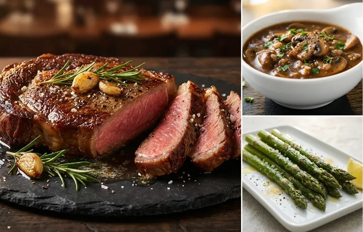 Pan-Seared Ribeye Steak with Mushroom Sauce and Roasted Asparagus