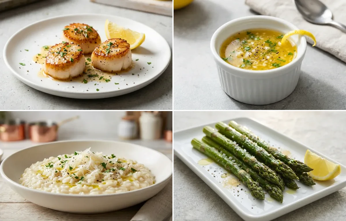 Pan-Seared Scallops with Lemon Butter Sauce, Parmesan Risotto and Roasted Asparagus