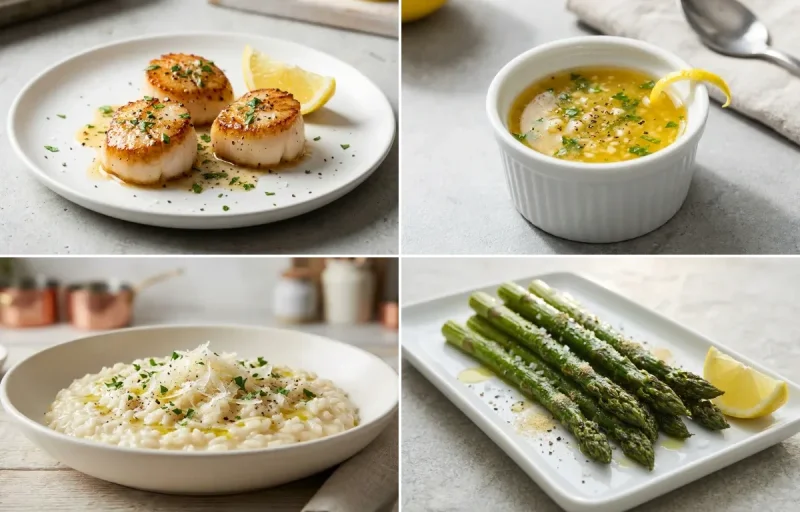Pan-Seared Scallops with Lemon Butter Sauce, Parmesan Risotto and Roasted Asparagus