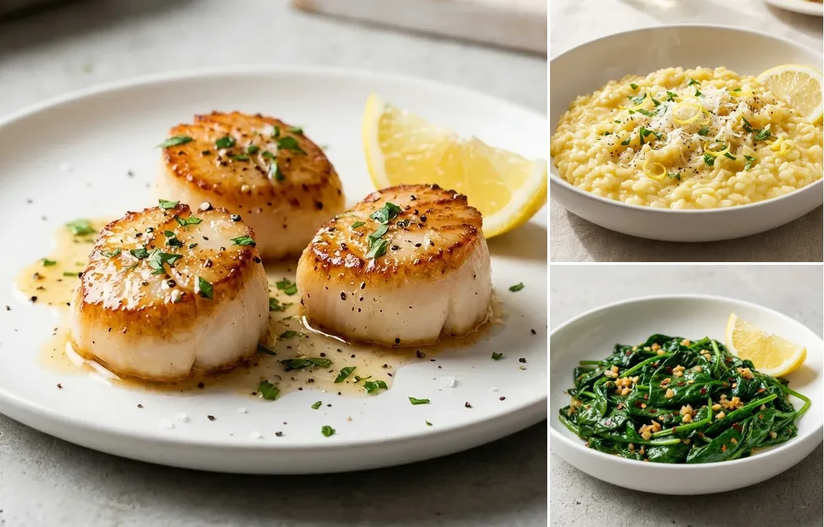 Pan-Seared Scallops with Lemon Risotto and Sauteed Spinach with Garlic