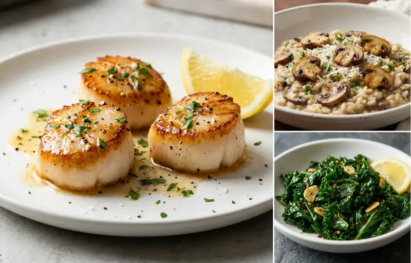 Pan-Seared Scallops with Mushroom Risotto and Sauteed Kale with Garlic