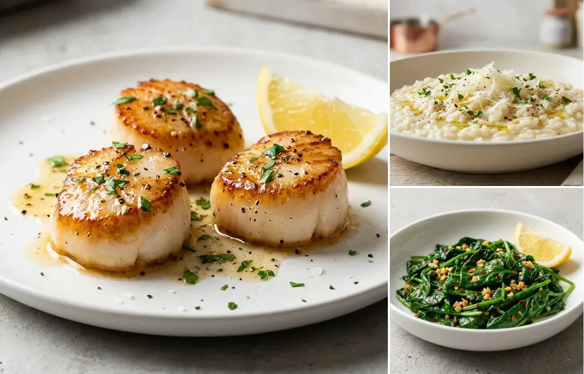 Pan-Seared Scallops with Parmesan Risotto and Sauteed Spinach with Garlic