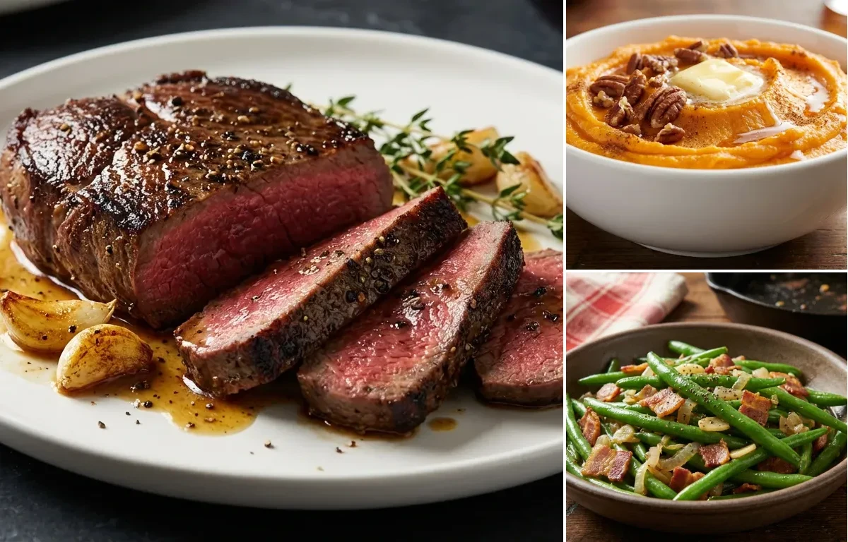 Pan-Seared Venison Steak with Mashed Sweet Potatoes and Sauteed Green Beans with Bacon