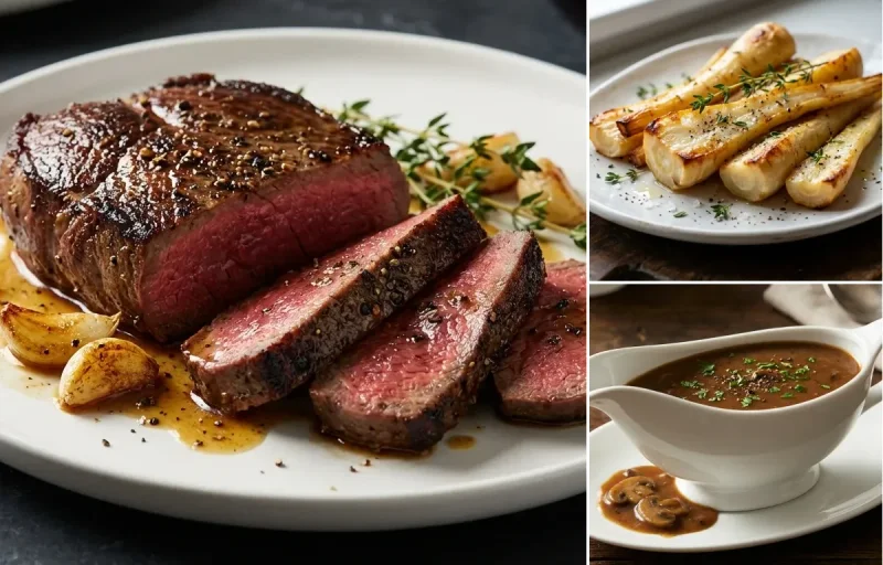 Pan-Seared Venison Steak with Roasted Parsnips with Thyme and Mushroom Gravy