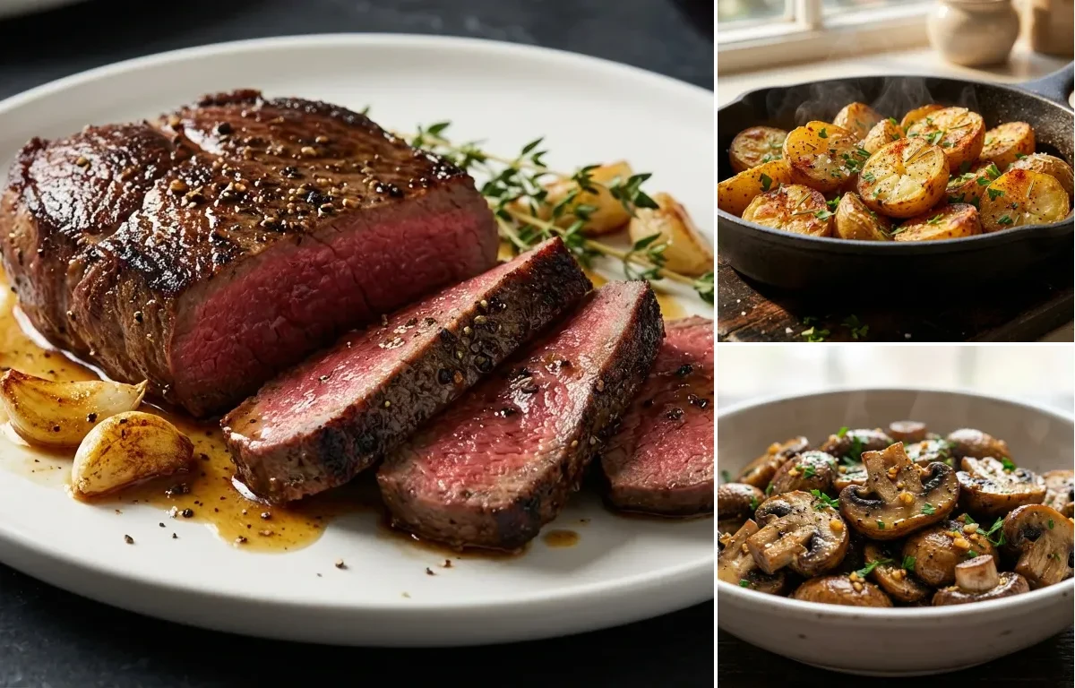 Pan-Seared Venison Steak with Roasted Potatoes and Sauteed Mushrooms with Garlic and Herbs