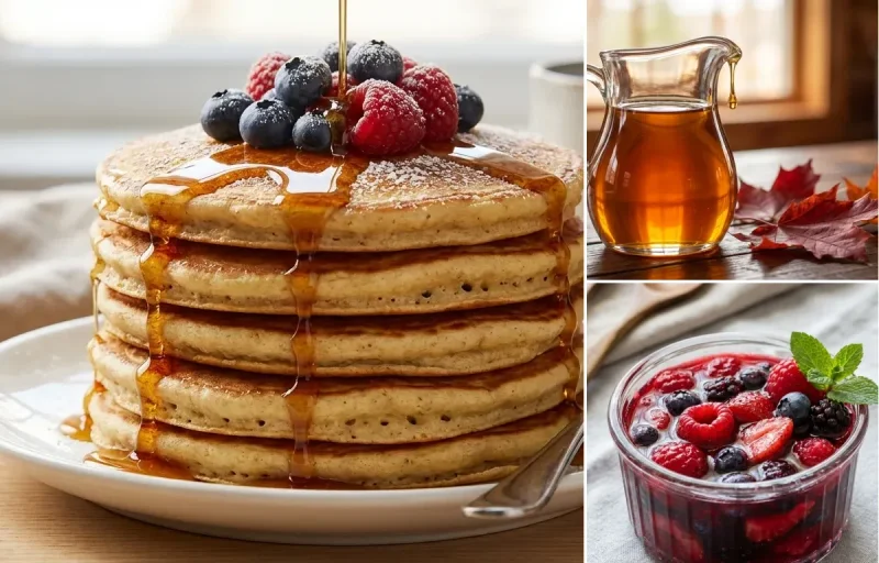 Pancakes with Maple Syrup and Mixed Berry Compote