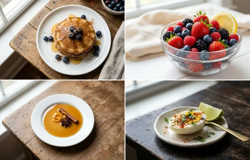 Pancakes with Mixed Fresh Berries, Pure Maple Syrup, Apple Slices and Hard Boiled Egg