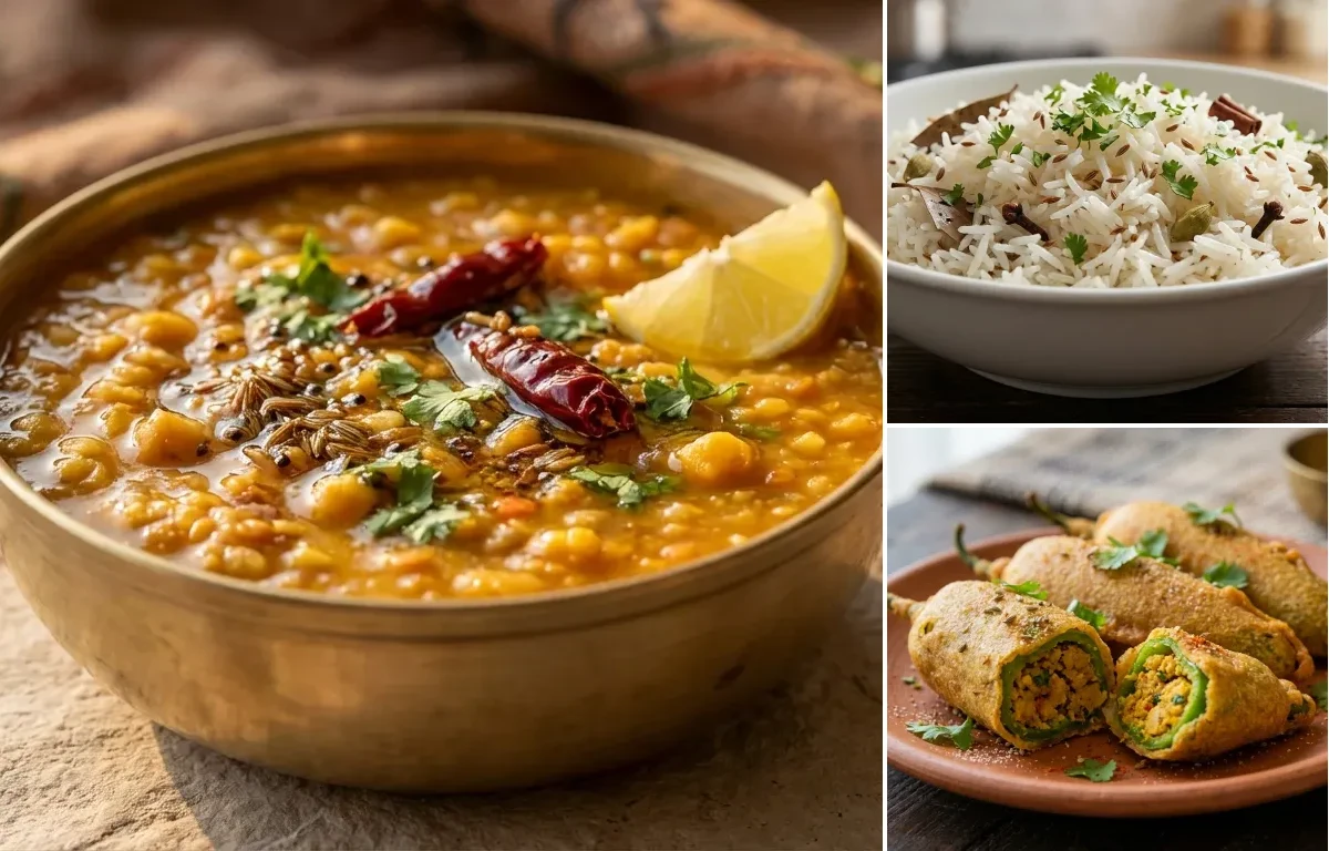 Panchmel Dal with Stuffed Fried Green Chillies