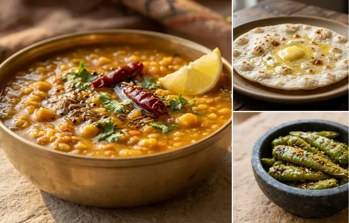 Panchmel Dal with Jowar Roti and Mirchi ke Tapore