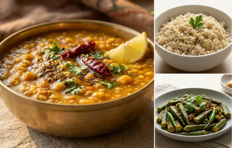 Panchmel Dal, Steamed Steamed White Rice and Simple Bhindi Sabzi