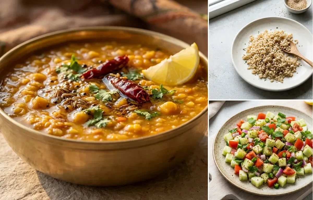 Panchmel Dal with Cooked Steamed White Rice Half Cup, Egg Bhurji Main and No-Salt Lemon Cucumber Kachumber