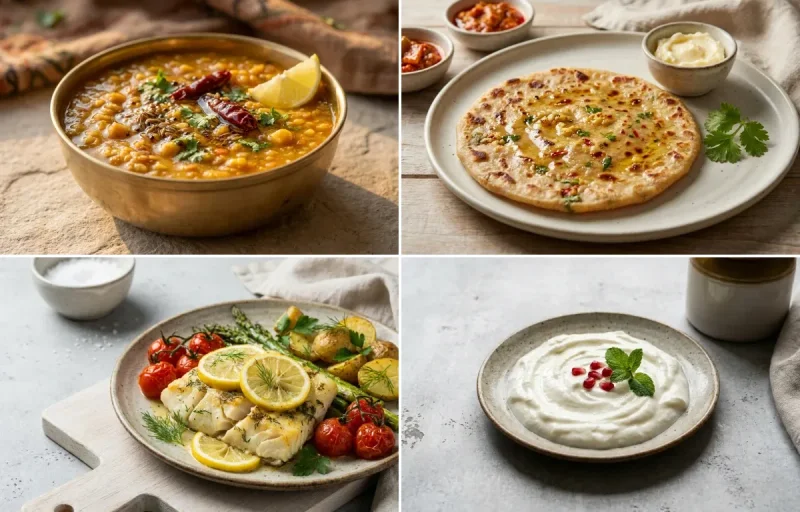 Panchmel Dal with Gobi Paratha, Baked Cod With Lemon, Plain Curd and Mint Yogurt Chutney