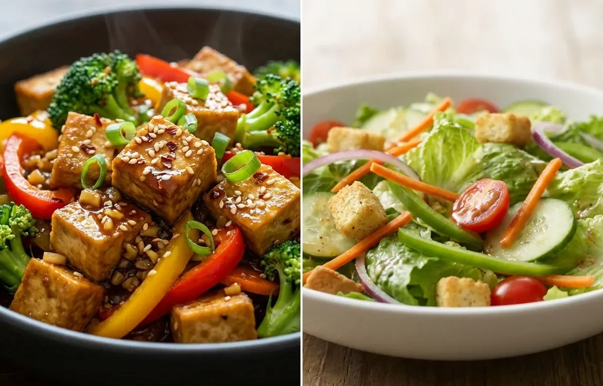 Tofu and Vegetable Stir-Fry with Quinoa and Garden Salad