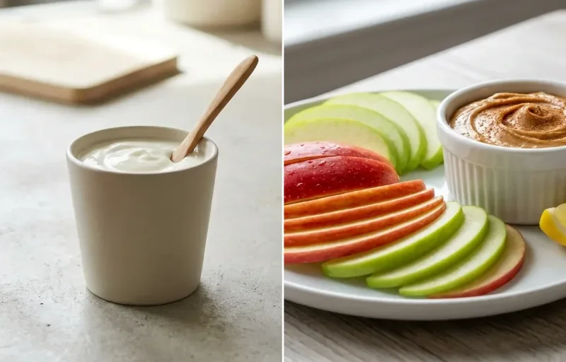 Paneer Besan Chilla with Mint Coriander Chutney No-Salt, Plain Yogurt Cup and Apple Slices With Peanut Butter