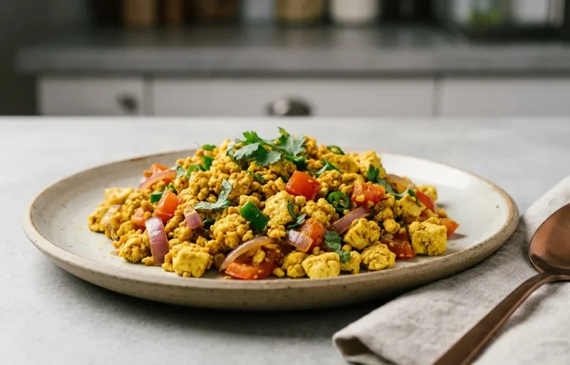 Paneer Besan Chilla with Mint Coriander Chutney No-Salt, Vegan Tofu Bhurji and Yogurt With Fruit
