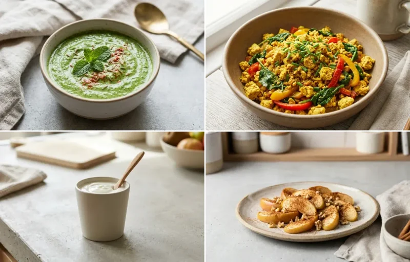 Paneer Besan Chilla with Mint Yogurt Chutney, Tofu Scramble, Plain Yogurt Cup and Apple With Cinnamon