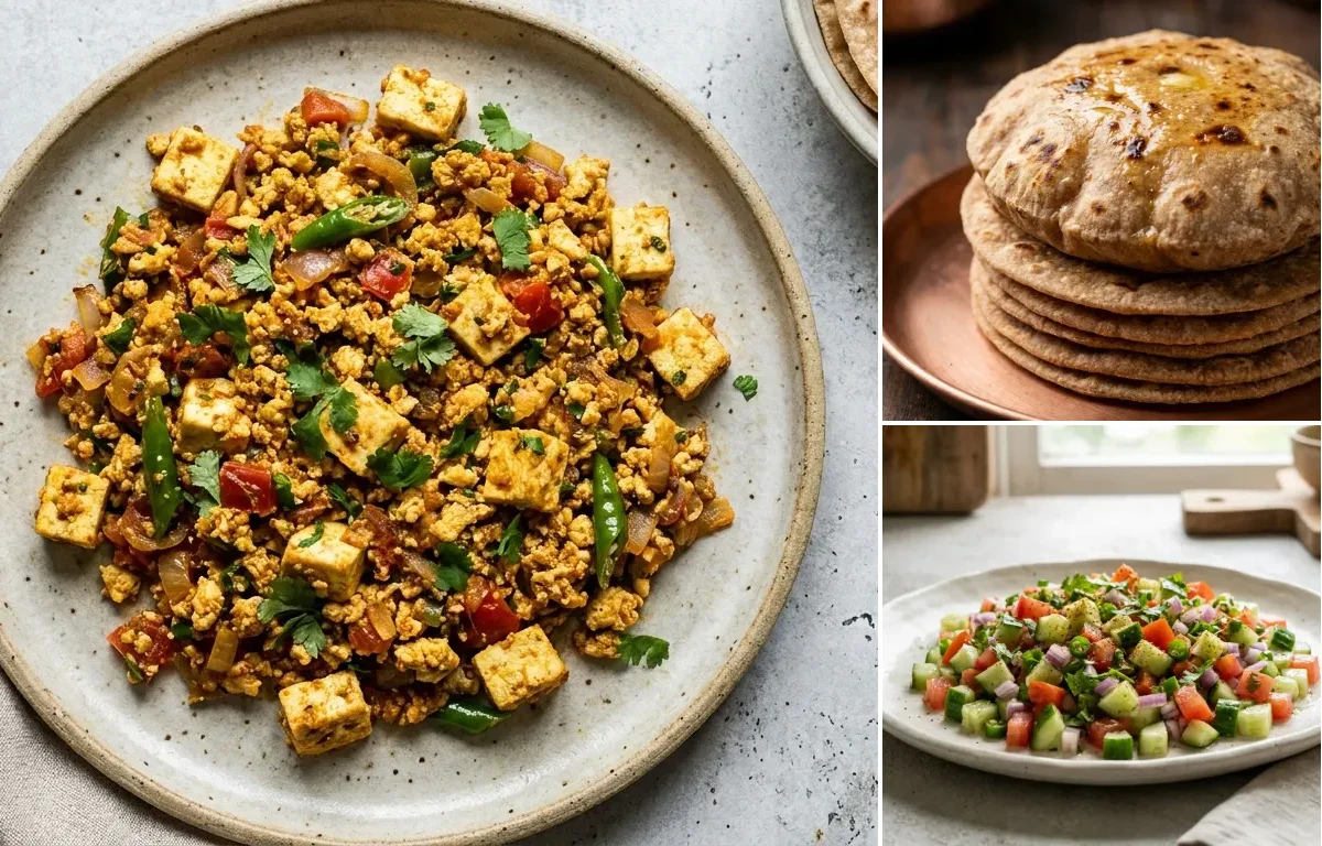 Paneer Bhurji, Whole Wheat Roti and Kachumber Salad