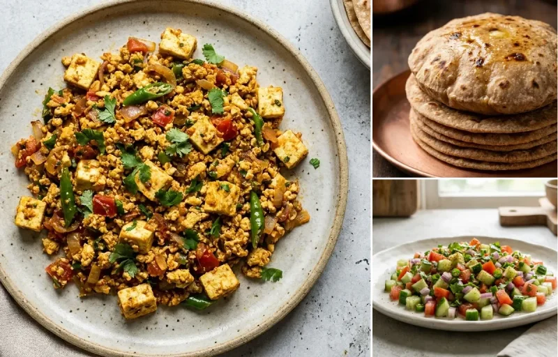Paneer Bhurji, Whole Wheat Roti and Kachumber Salad