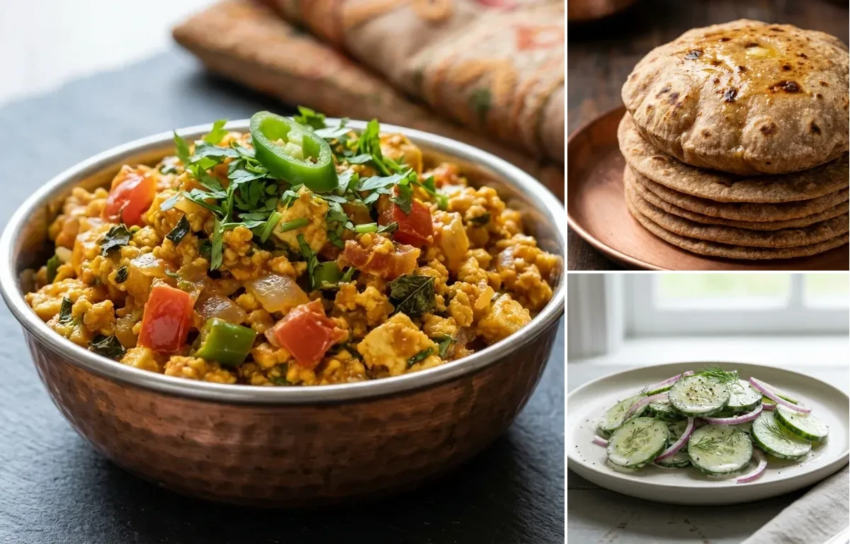 Paneer Bhurji, Whole Wheat Roti and Simple Cucumber Salad