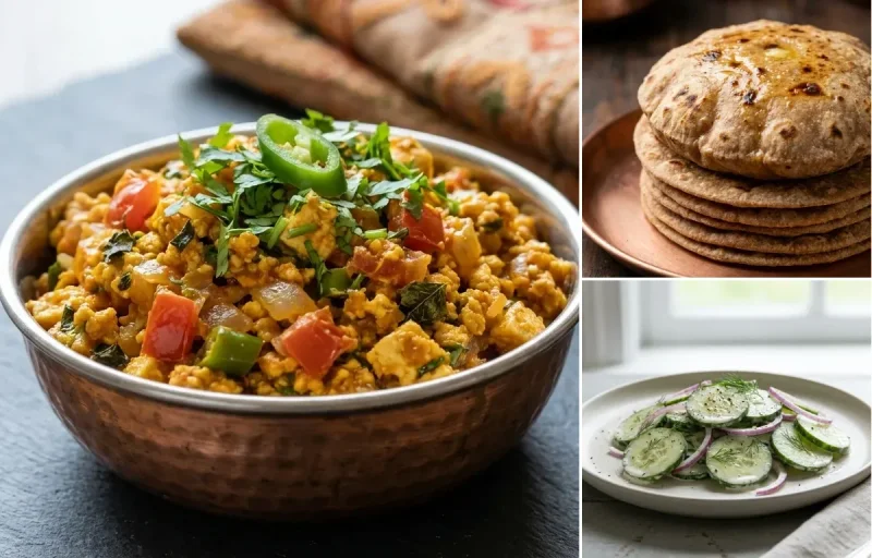 Paneer Bhurji, Whole Wheat Roti and Simple Cucumber Salad