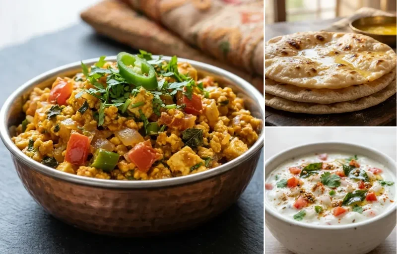 Paneer Bhurji with Chapati and Onion Tomato Raita