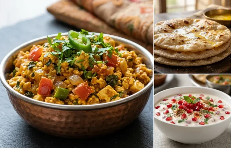 Paneer Bhurji with Chapati and Pomegranate Raita