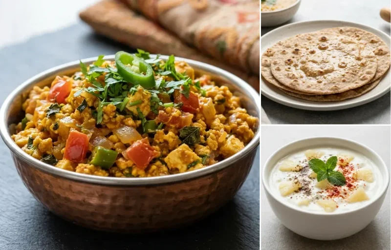 Paneer Bhurji with No-Salt Whole Wheat Roti and Pineapple Raita