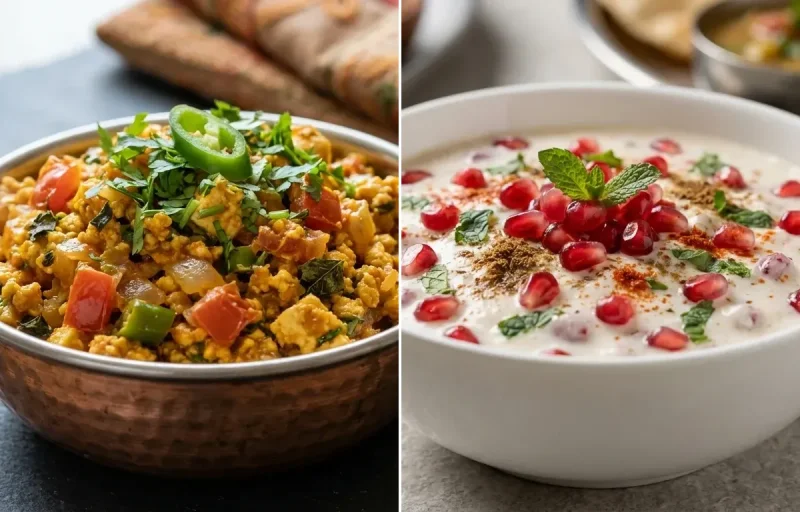 Paneer Bhurji with Phulka Plate and Pomegranate Raita