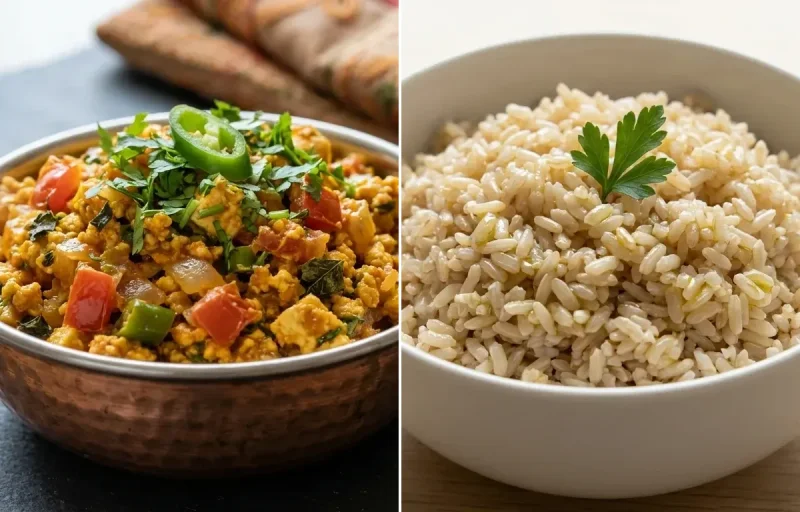 Paneer Bhurji with Steamed Steamed White Rice and Beetroot Carrot Salad