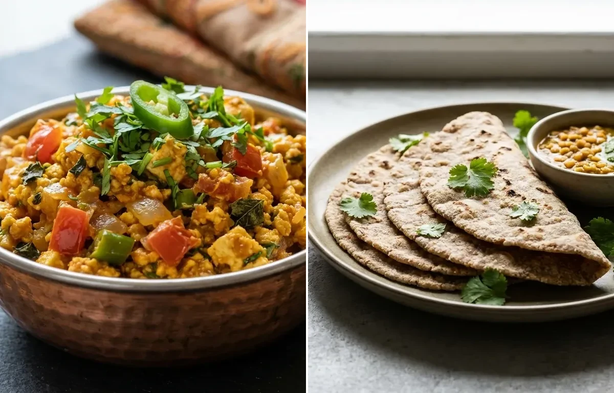 Paneer Bhurji with Vegan Jowar Roti and Lassi Sweet