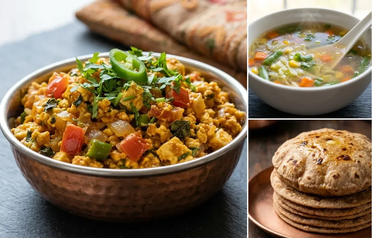 Paneer Bhurji with Whole Wheat Roti & Tomato Shorba