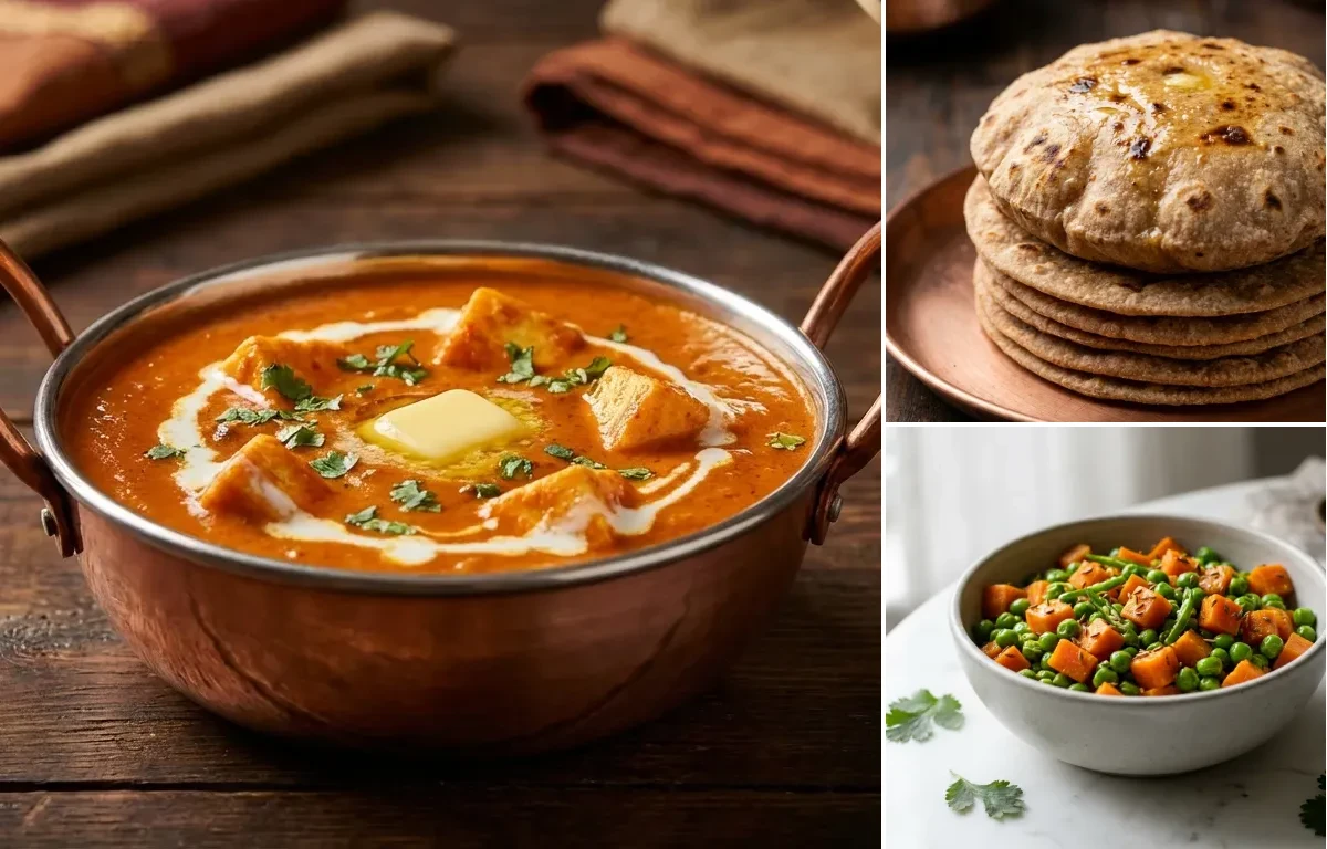 Paneer Butter Masala with Whole Wheat Roti with Peas Carrot Sabzi