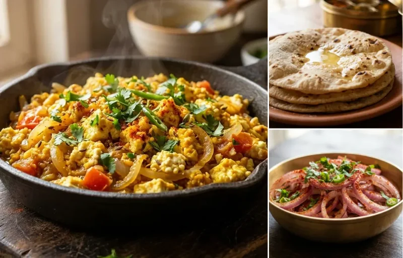 Paneer Egg Bhurji with Roti and Onion Salad