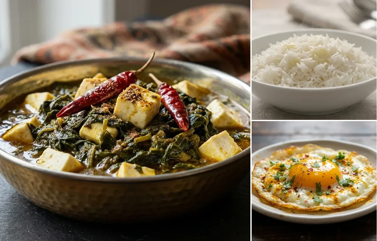 Paneer Haak with Steamed Basmati Rice and Fried Egg
