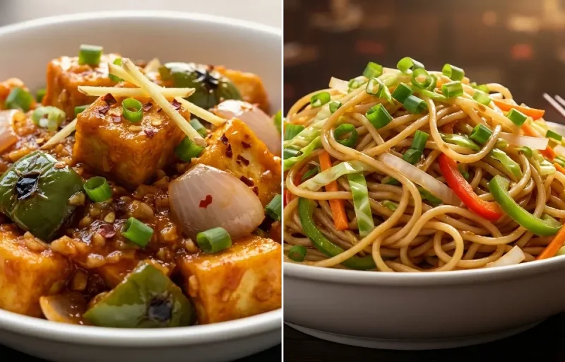 Paneer in Hot Garlic Sauce with Veg Hakka Noodles