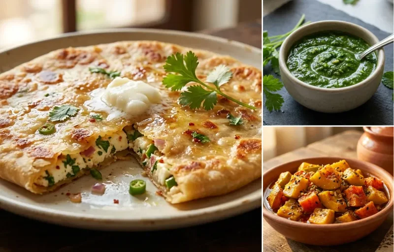 Paneer Paratha with Coriander Mint Chutney and Punjabi Mango Pickle