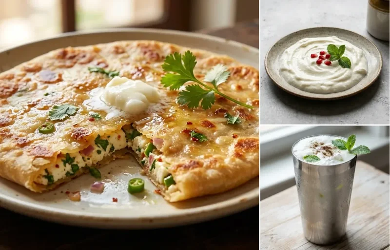 Paneer paratha + Curd + Lassi