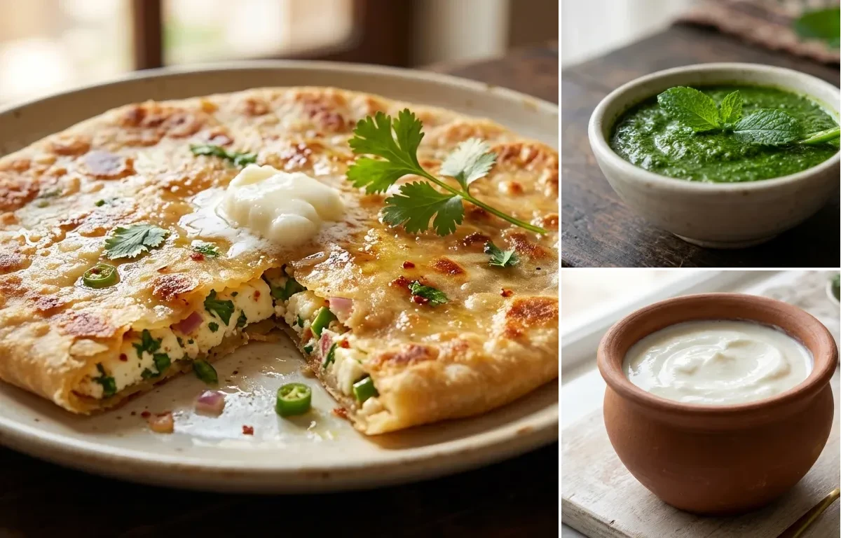 Paneer Paratha with Mint Chutney and Curd